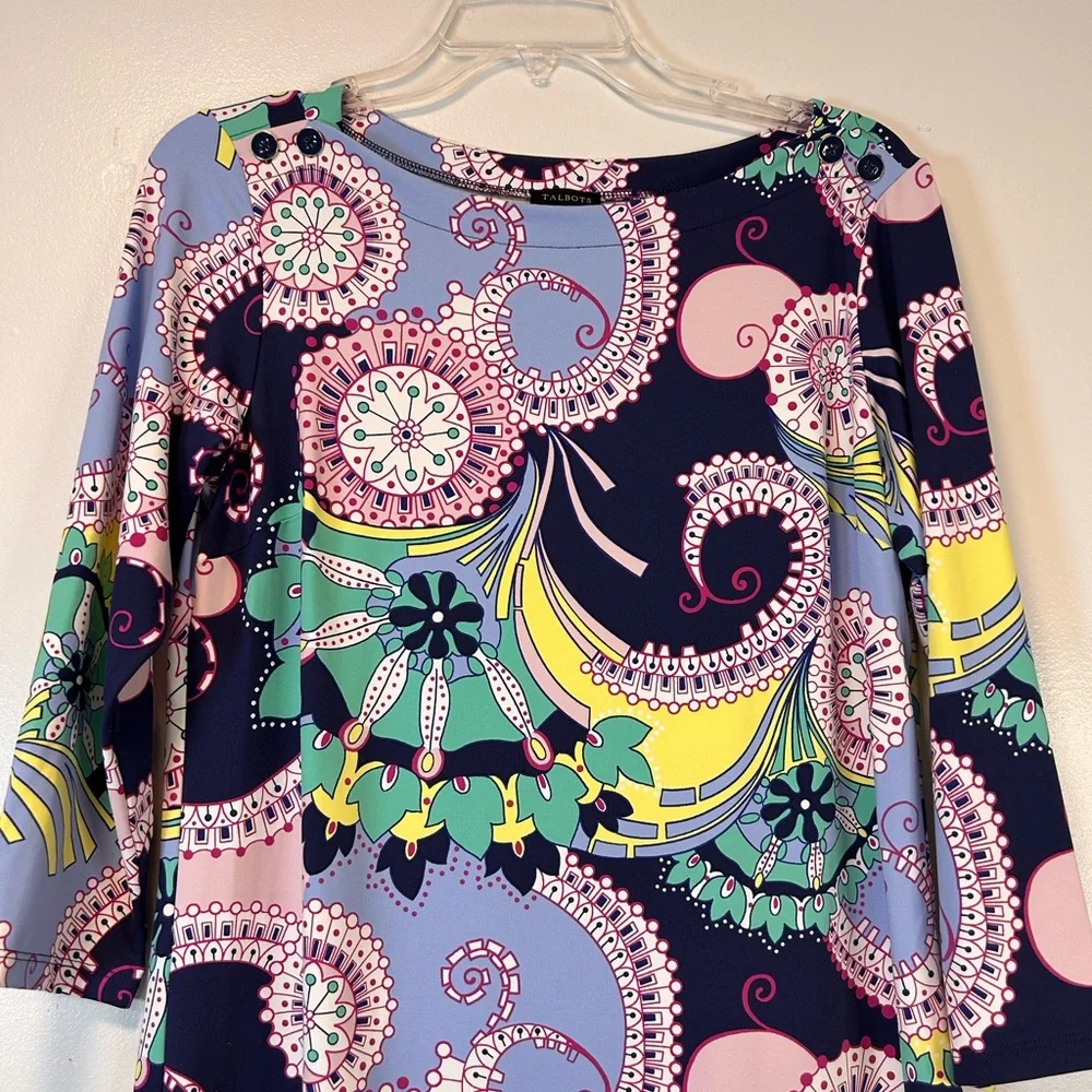 TALBOTS Jersey Shift Dress Spiral Paisley 3/4 sleeve‎ knee length Women’s Medium - Picture 5 of 10